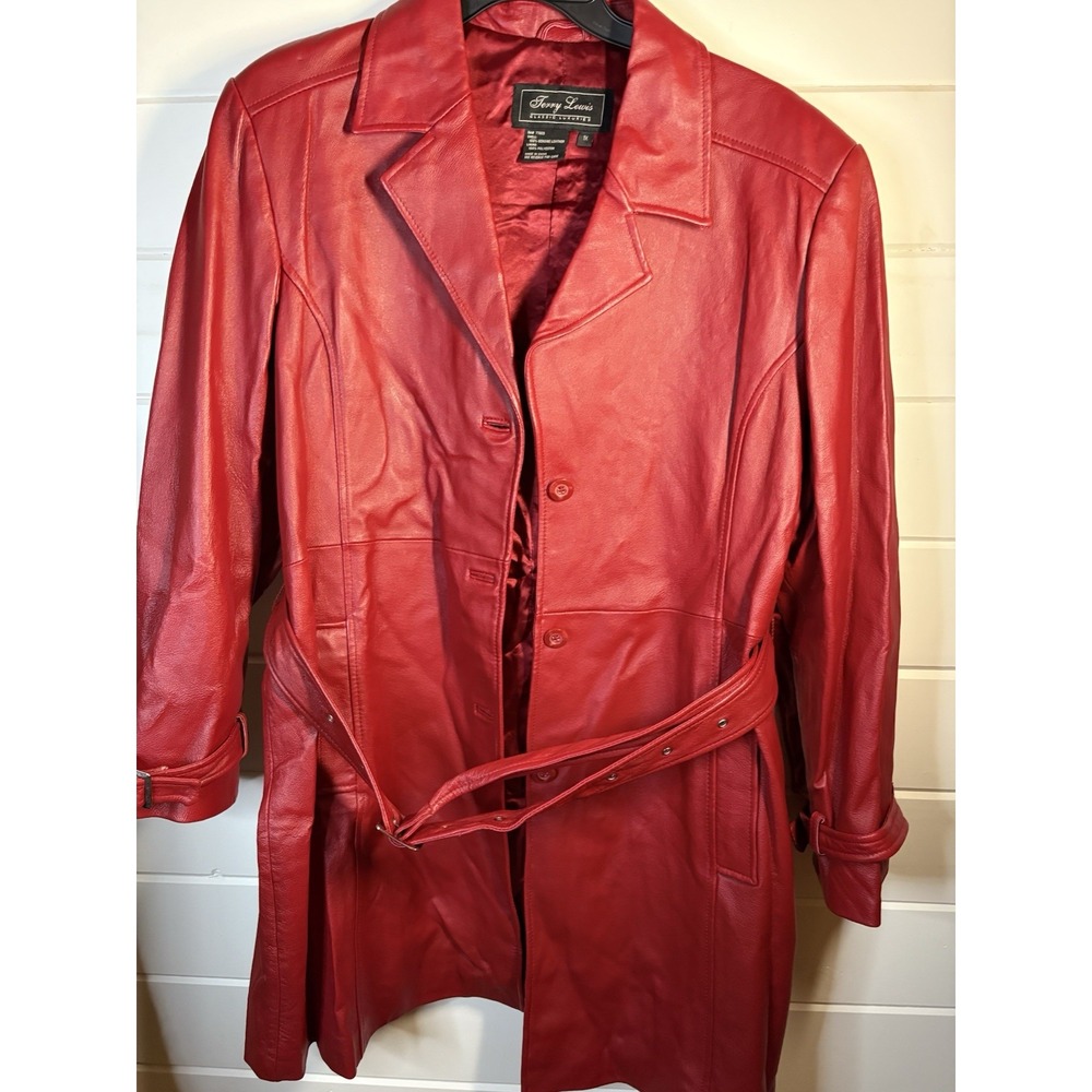 Terry Lewis Women's 1X Red Genuine Leather Long Coat Belted Long Jacket